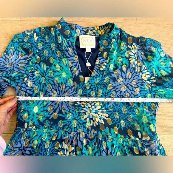 NWT STS Sail to Sable Floral Silk Teal, Blue anf Gold Metallic Dress size Medium - Picture 7 of 10